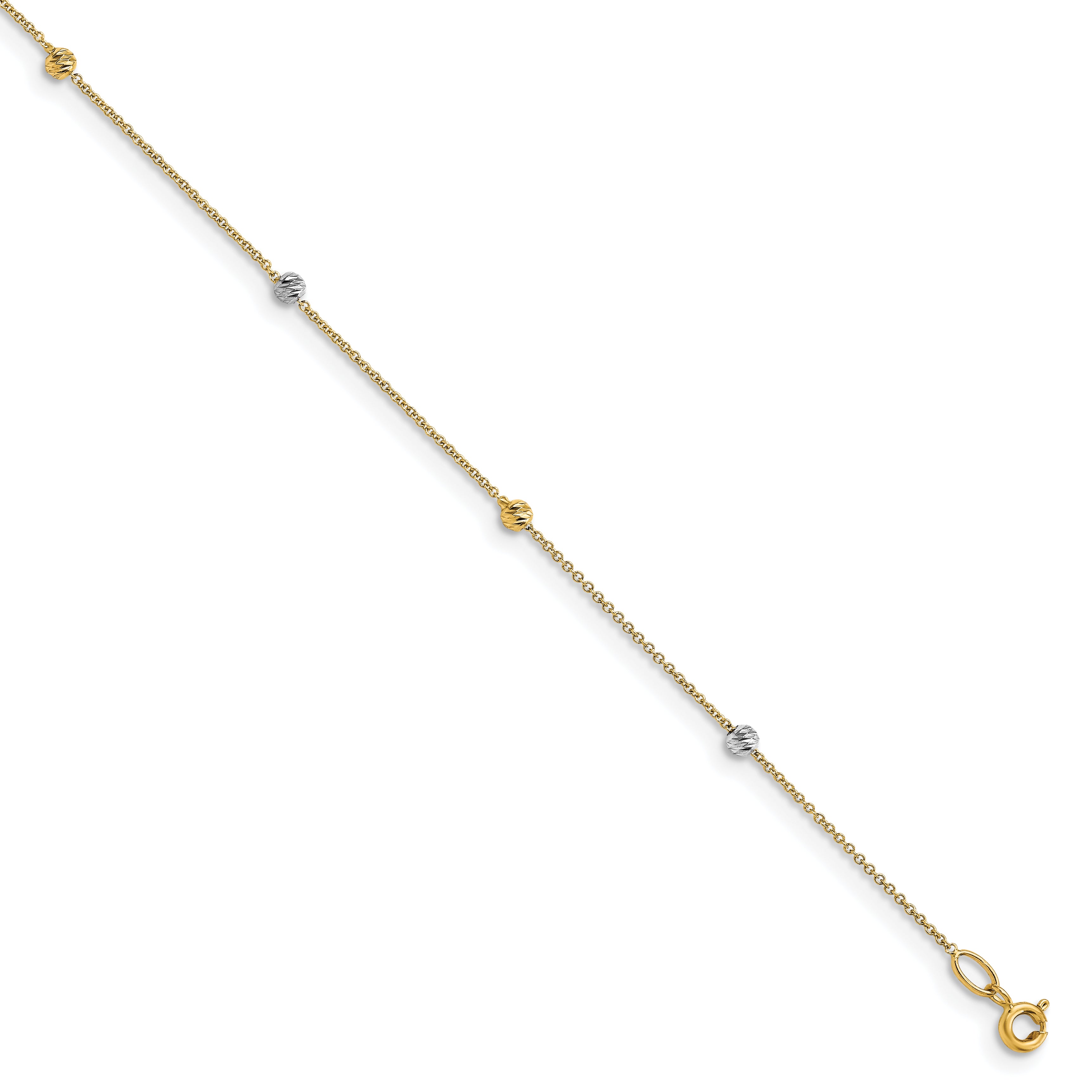 14K Two-Tone Diamond-cut Bead 6-Station 9 inch Plus 1 inch Extender - Total 10 inch Anklet