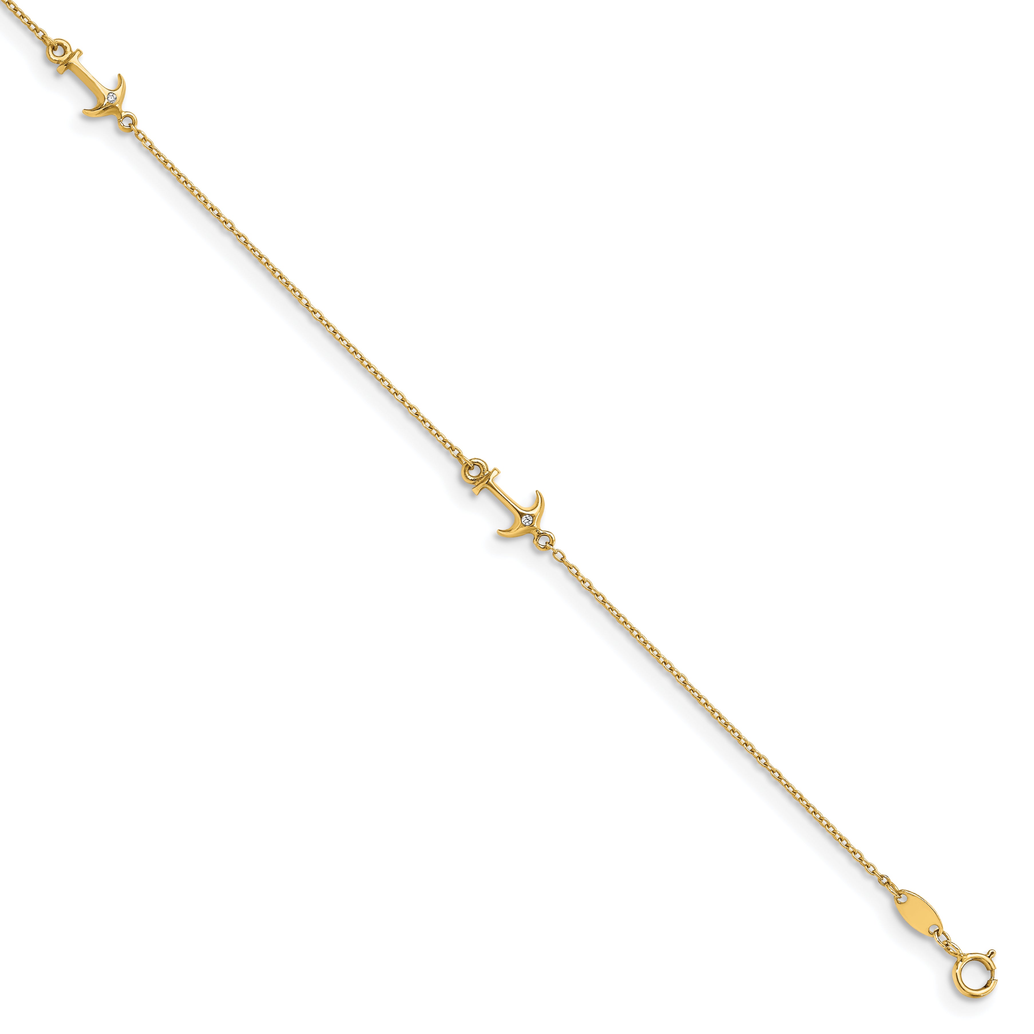 14K CZ Anchor 3-Station 9 inch Plus 1 inch Extender - Total 10 inch Anklet