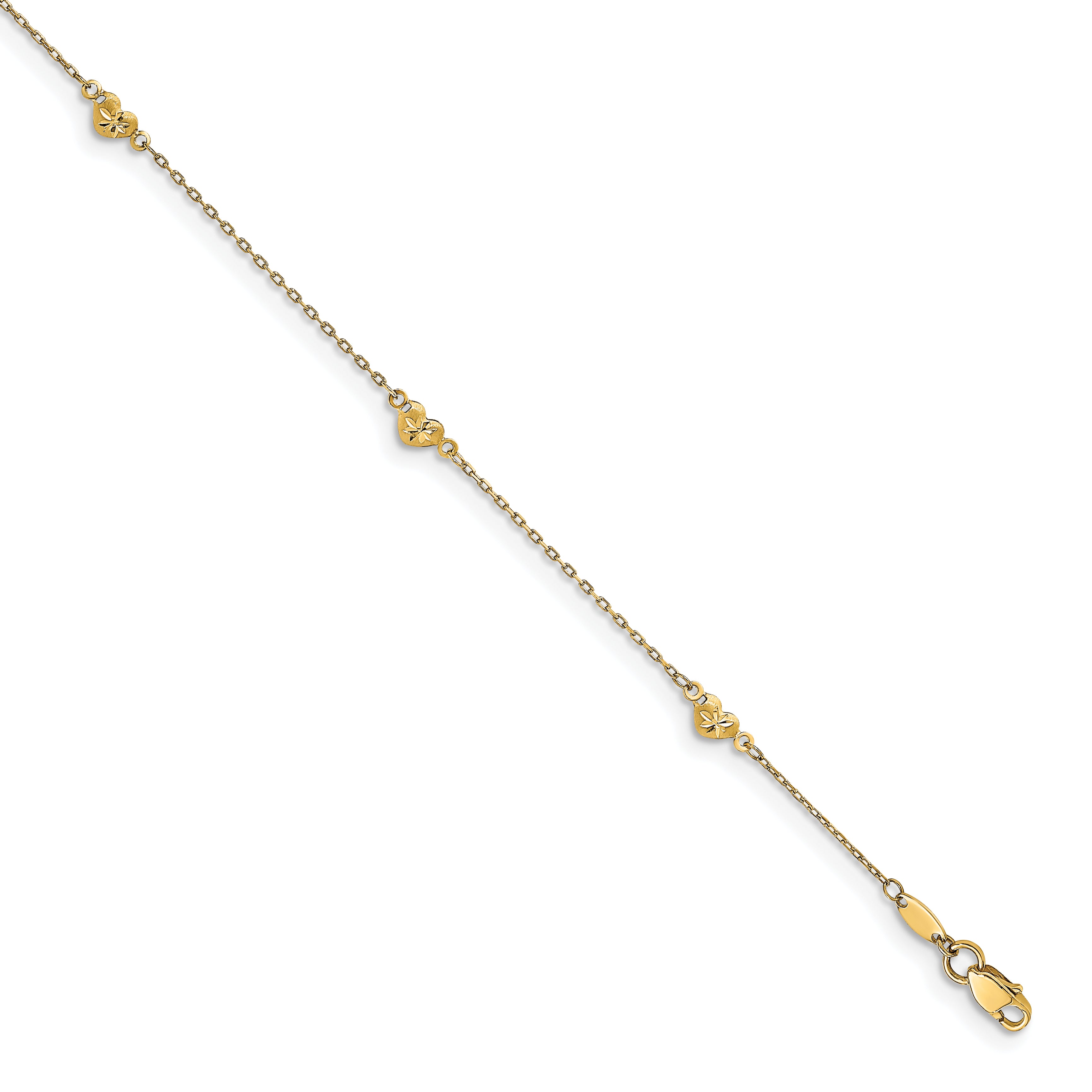 14K Diamond-cut Heart 5-Station 9 inch Plus 1 inch Extender - Total 10 inch Anklet