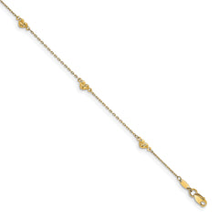 14K Diamond-cut Heart 5-Station 9 inch Plus 1 inch Extender - Total 10 inch Anklet