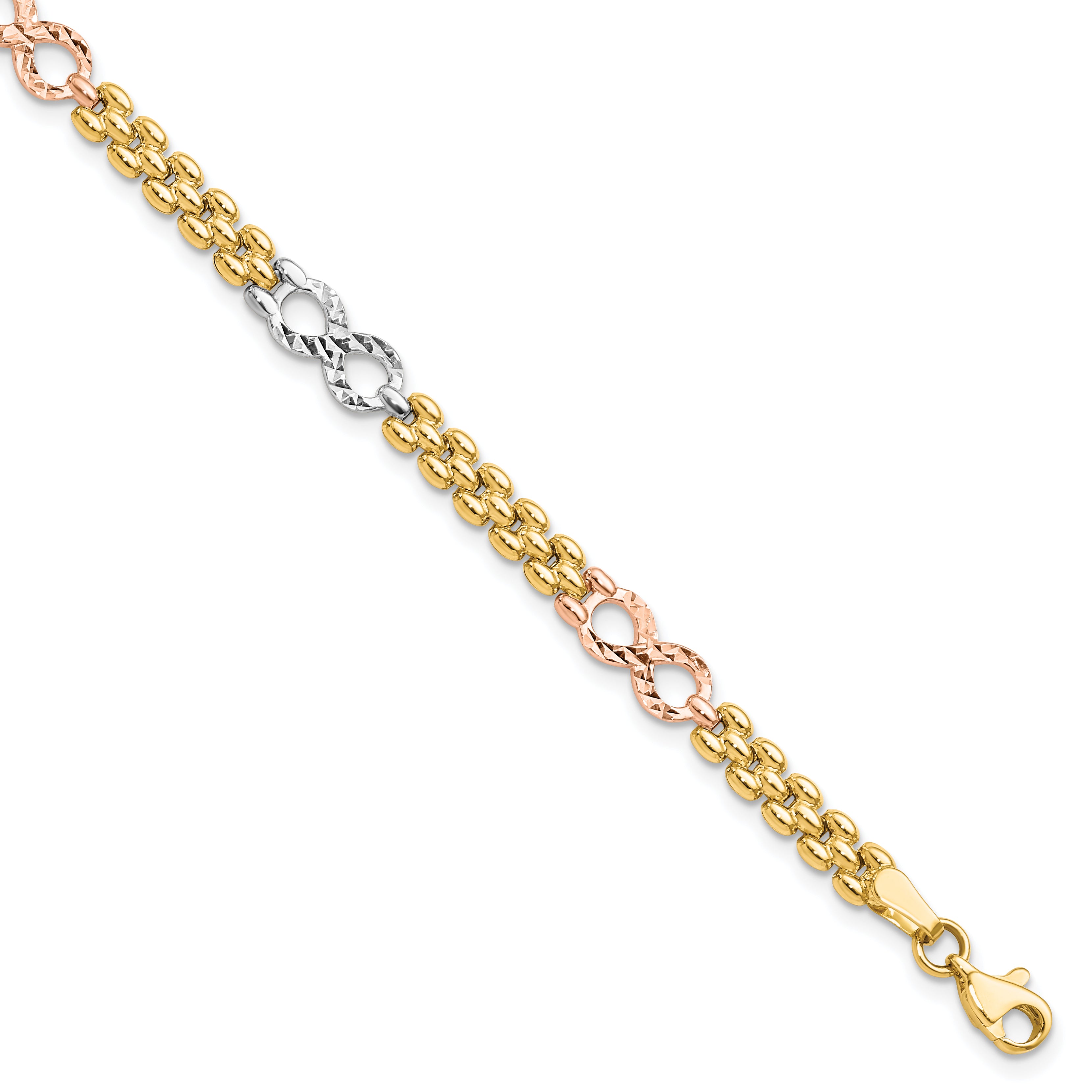 14K Tri-color Polished and Textured Infinity Fancy Bracelet