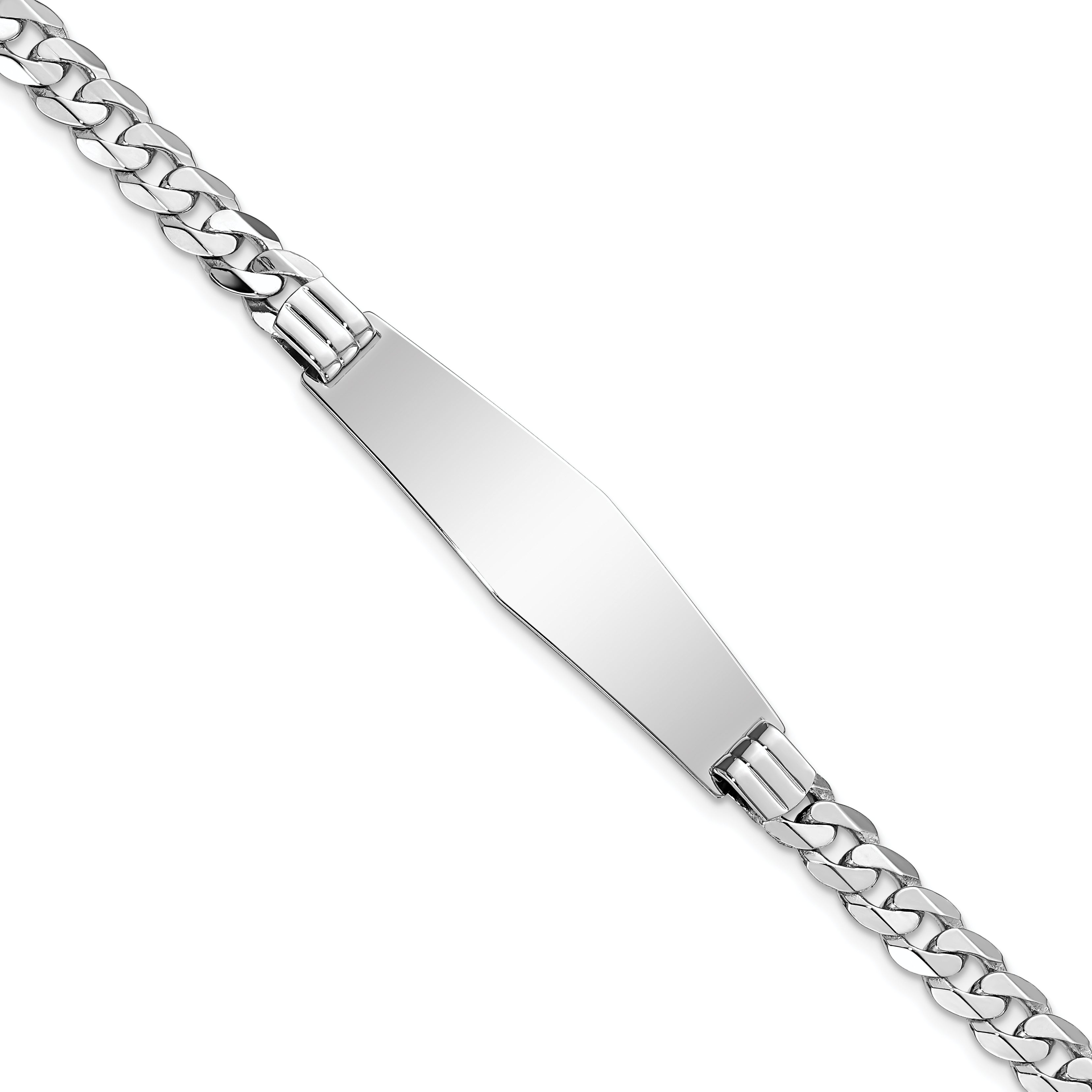14k White Gold Polished Solid Chain/Solid Plate Flat Curb Link Soft Diamond Shape 38.5x10mm Plate 8 inch ID Bracelet