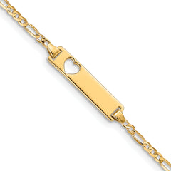 14k Polished Solid Chain/Solid Plate Figaro Link Cut-out Heart 20x5mm Plate 7 inch ID Bracelet