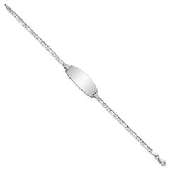 14k White Gold Polished Solid Chain/Solid Plate Figaro Link Oval 24x10.5mm Plate 8 inch ID Bracelet