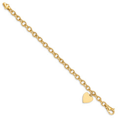 14k Engravable 19x13mm Solid Dangle Heart Charm and Solid Polished Link 8.5 inch Bracelet