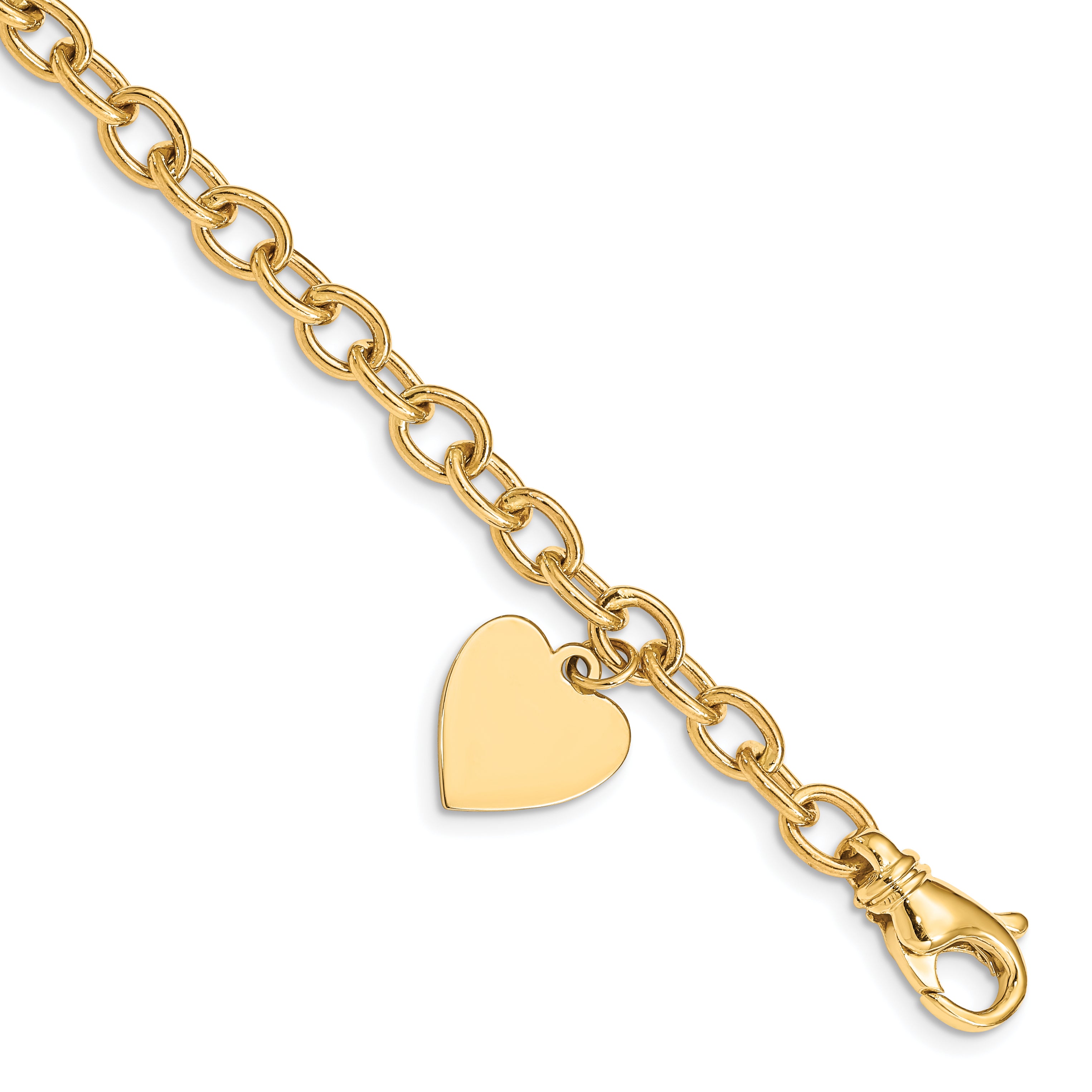 14k Engravable 19x13mm Solid Dangle Heart Charm and Solid Polished Link 8.5 inch Bracelet