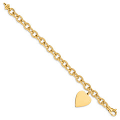 14k Engravable 25x19mm Solid Dangle Heart Charm and Solid Polished Link 8.5 inch Bracelet