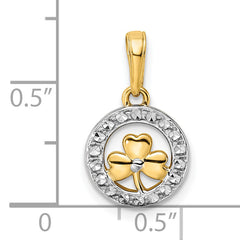 14k and White Rhodium Diamond-cut Clover in Circle Pendant