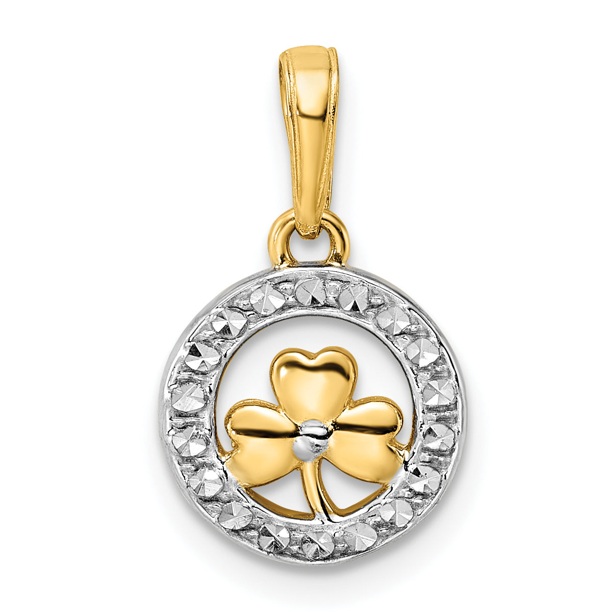14k and White Rhodium Diamond-cut Clover in Circle Pendant