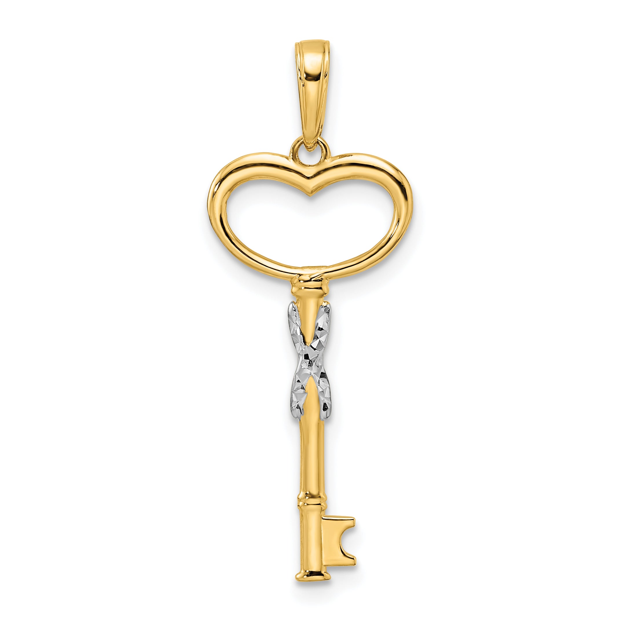 14k and White Rhodium Diamiond-cut Heart Key Pendant