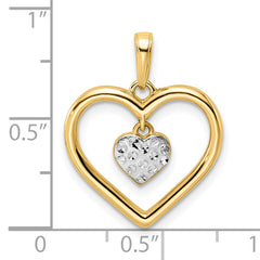 14k and White Rhodium Diamond-cut Heart w/Dangle Heart Pendant