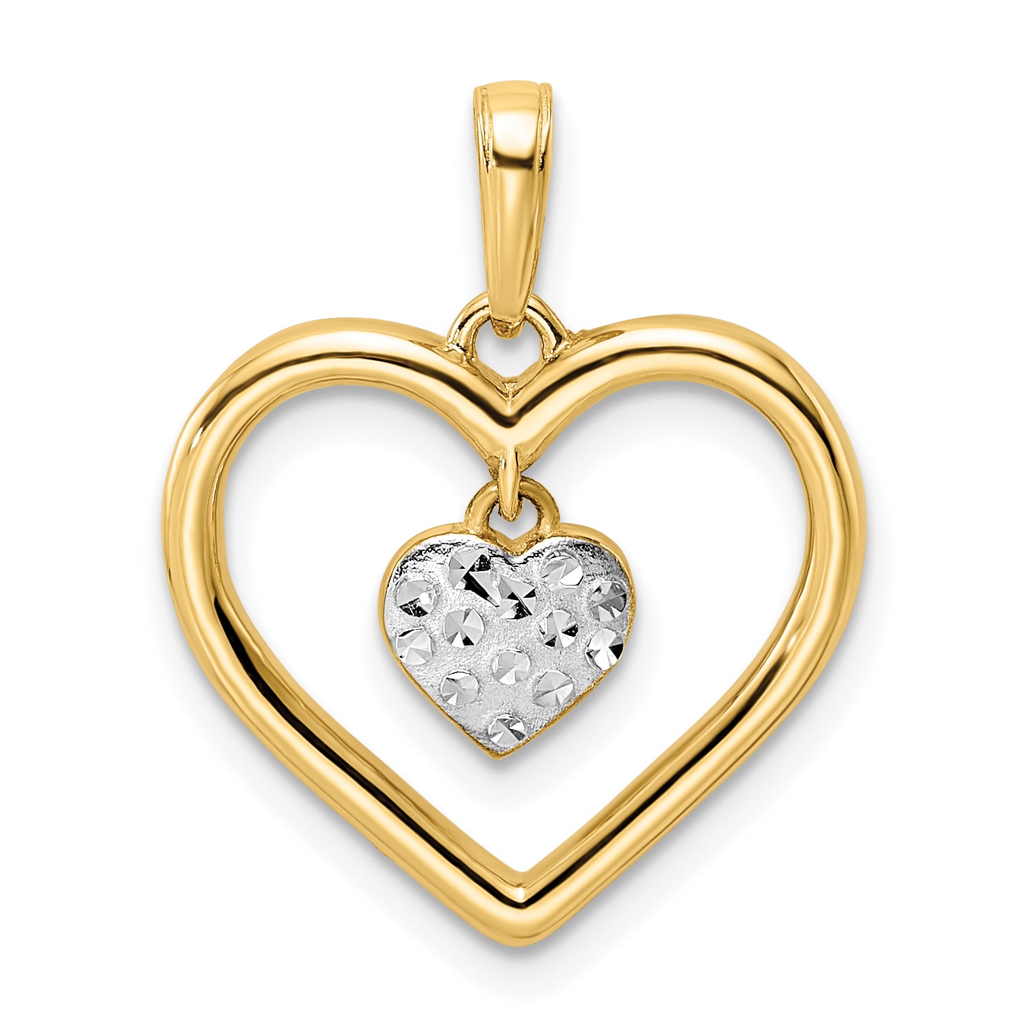 14k and White Rhodium Diamond-cut Heart w/Dangle Heart Pendant