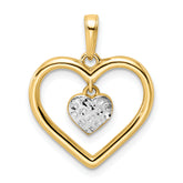 14k and White Rhodium Diamond-cut Heart w/Dangle Heart Pendant