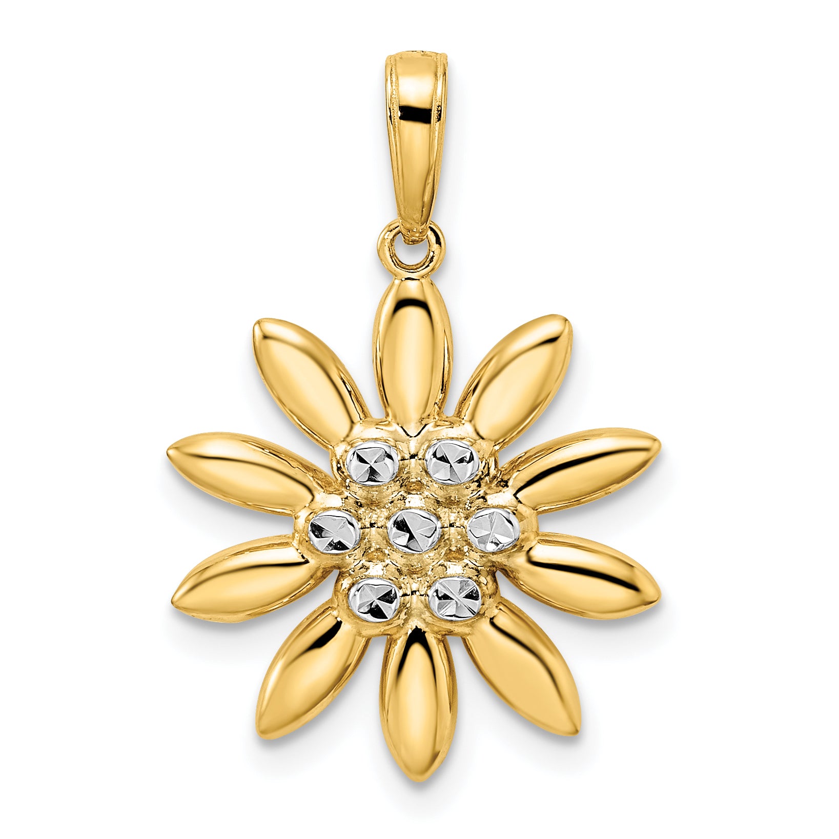 14K and White Rhodium Diamond-cut Flower Pendant