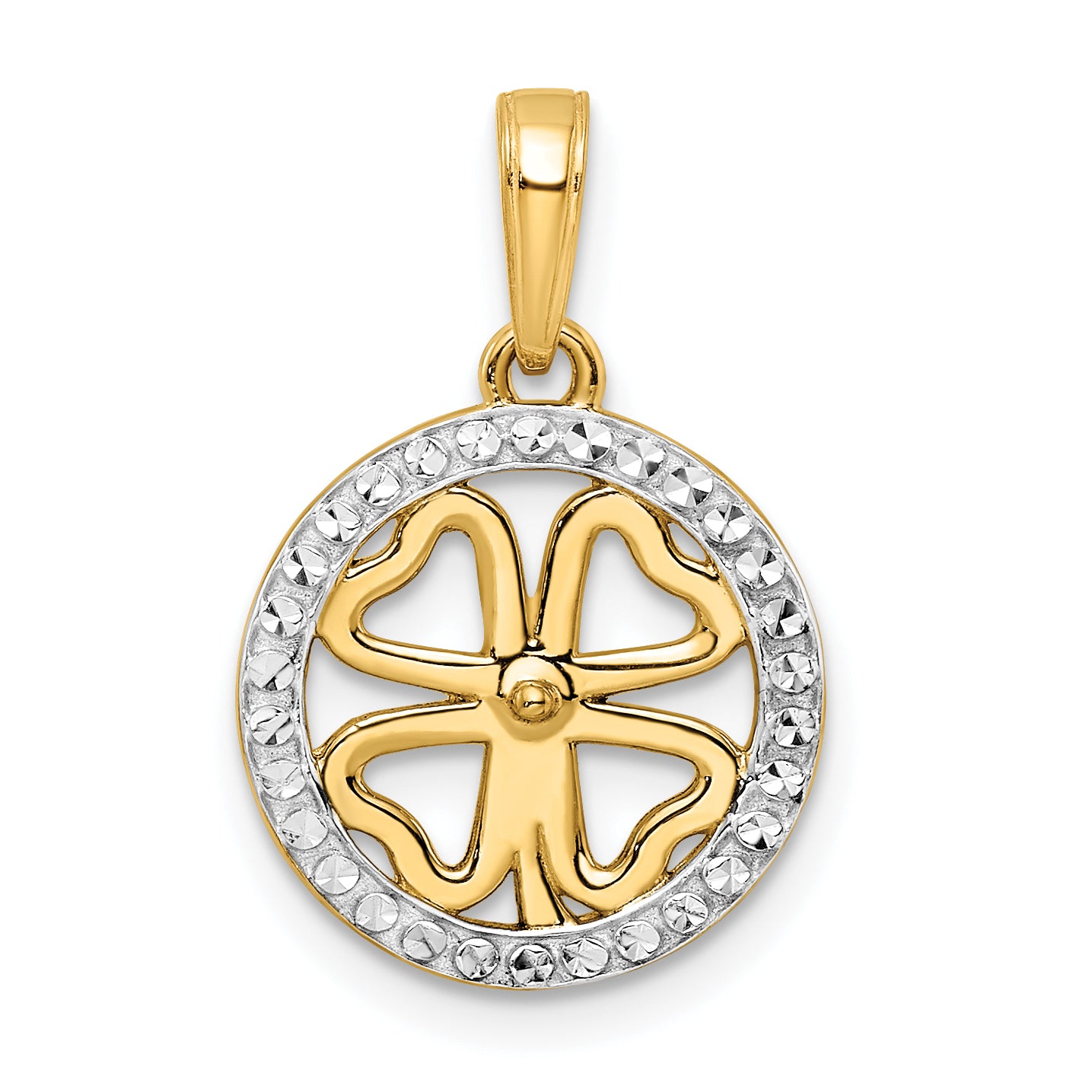 14K w/White Rhodium Diamond-cut Four-leaf Clover Pendant