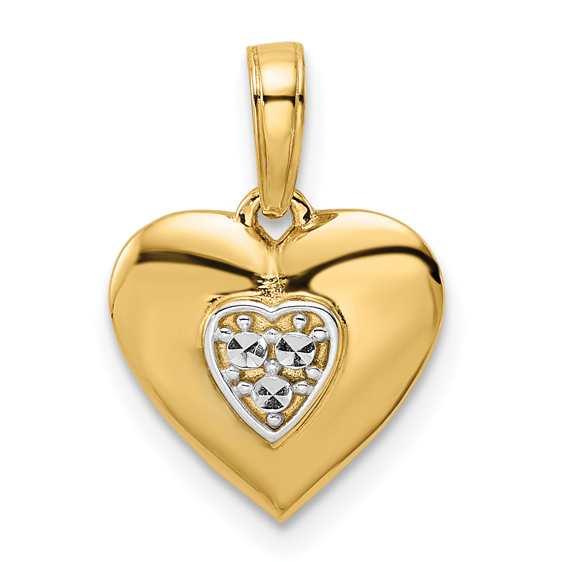 14k and White Rhodium D/iamond-cut Puffy Heart Pendant