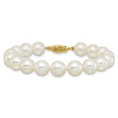 14k Polished 9-10mm Round White Akoya Saltwater Cultured Pearl 7 inch Bracelet