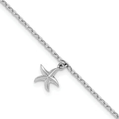 Sterling Silver Rhodium-plated Starfish Charm 9 inch Plus 1 inch Extender - Total 10 inch Anklet