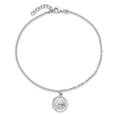 Sterling Silver Rhodium-Plated Sand Dollar Charm 9 inch Plus 1 inch Extender - Total 10 inch Anklet