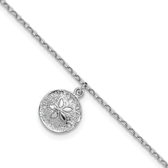 Sterling Silver Rhodium-Plated Sand Dollar Charm 9 inch Plus 1 inch Extender - Total 10 inch Anklet