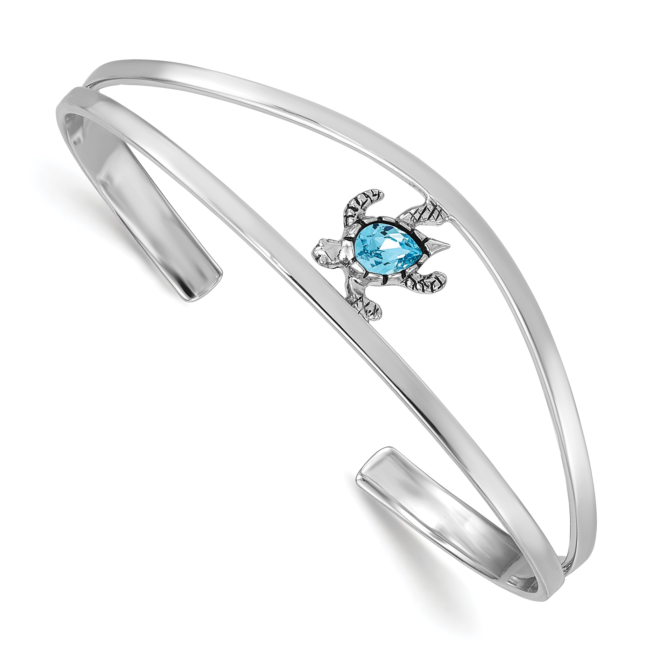 Sterling Silver Rhodium-plated Polished and Antiqued Blue Crystal Turtle Bangle