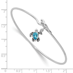 Sterling Silver Rhodium-plated Polished and Antiqued Thin Dangle Blue Crystal Turtle Hook Bangle