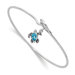 Sterling Silver Rhodium-plated Polished and Antiqued Thin Dangle Blue Crystal Turtle Hook Bangle