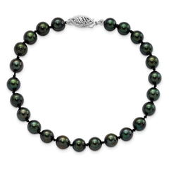 14k White Gold 6-7mm Black Round Saltwater Akoya Cultured Pearl 8 inch Bracelet