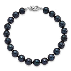 14k White Gold 7-8mm Black Round Saltwater Akoya Cultured Pearl 8 inch Bracelet