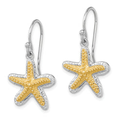 Sterling Silver Rhodium-plated Polished Gold-tone Star Fish Dangle Earrings