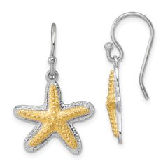Sterling Silver Rhodium-plated Polished Gold-tone Star Fish Dangle Earrings
