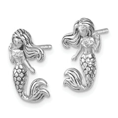 Sterling Silver Rhodium-Plated Antiqued Mermaid Earrings