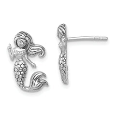 Sterling Silver Rhodium-Plated Antiqued Mermaid Earrings