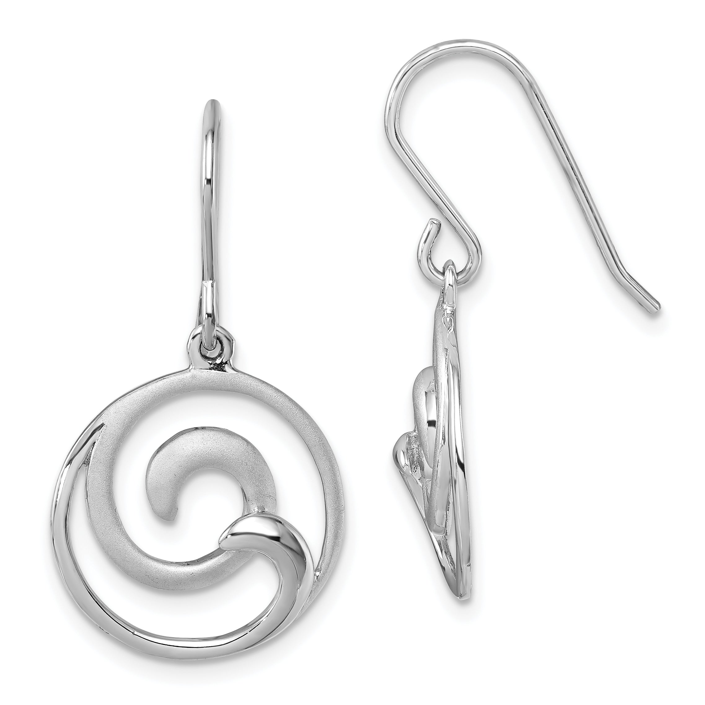 Sterling Silver Rhodium-Plated Polished and Brushed Double Wave Dangle Earrings