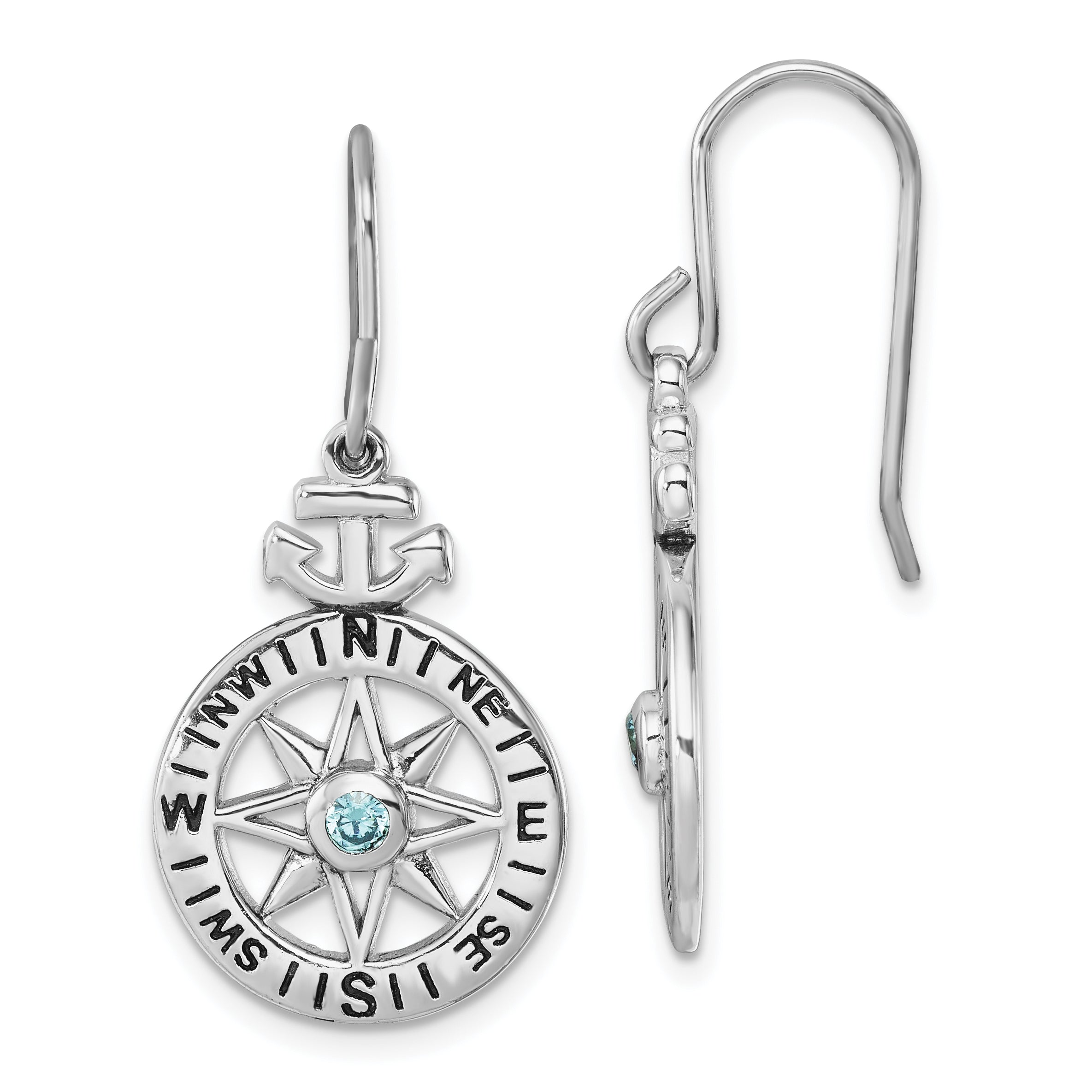 Sterling Silver Rhodium-Plated Polished CZ Compass Dangle Earrings