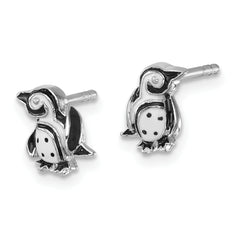 Sterling Silver Rhodium-plated Polished Enamel Penguin Post Earrings