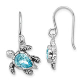 Sterling Silver Rhodium-plated Polished and Antiqued Blue Crystal Turtle Dangle Earrings