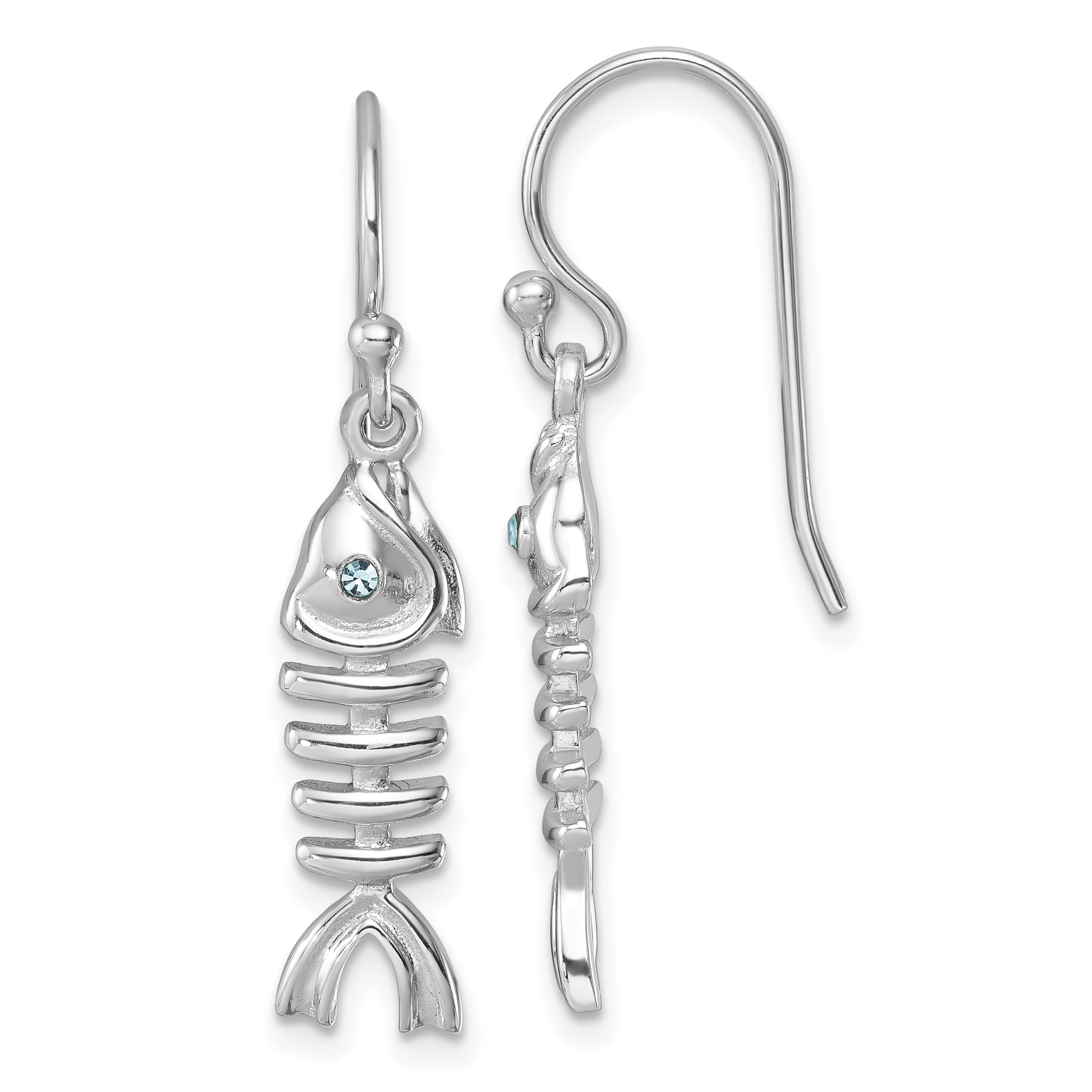 Sterling Silver Rhodium-plated Polished Crystal Eye Bonefish Dangle Earring