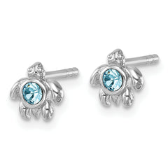 Sterling Silver Rhodium-Plated Polished Blue Crystal Inlay Tiny Turtle Post Earrings