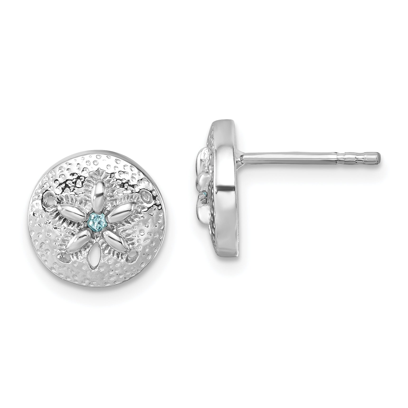 Sterling Silver Rhodium-Plated Textured Crystal Sand Dollar Post Earrings