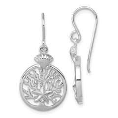 Sterling Silver Rhodium-plated Polished Starfish and Scallop Shell Reef Dangle Earring