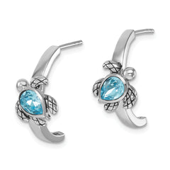 Sterling Silver Rhodium-plated Polished and Antiqued Blue Crystal Turtle J-Hoop Earrings