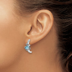 Sterling Silver Rhodium-plated Polished and Antiqued Blue Crystal Turtle J-Hoop Earrings