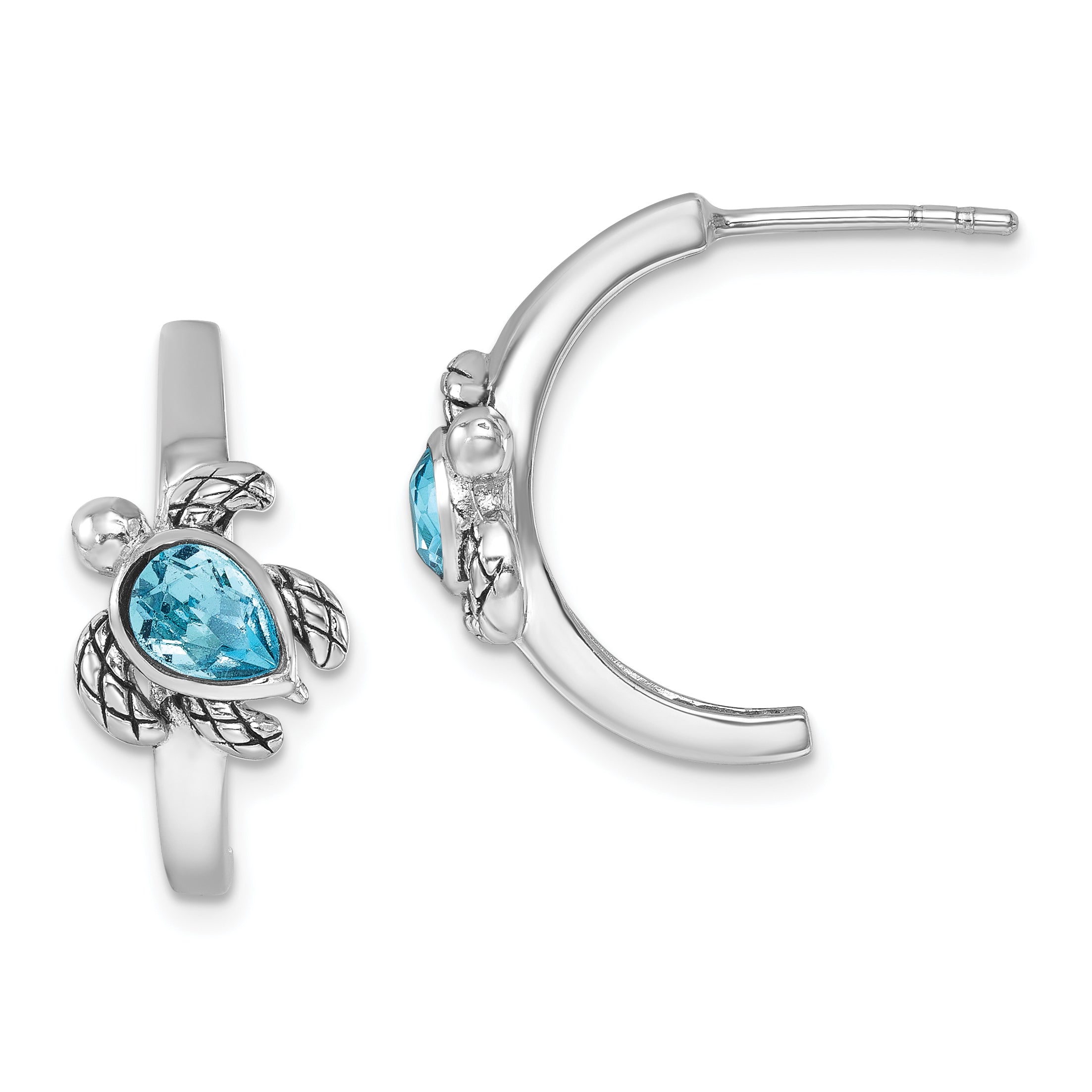 Sterling Silver Rhodium-plated Polished and Antiqued Blue Crystal Turtle J-Hoop Earrings