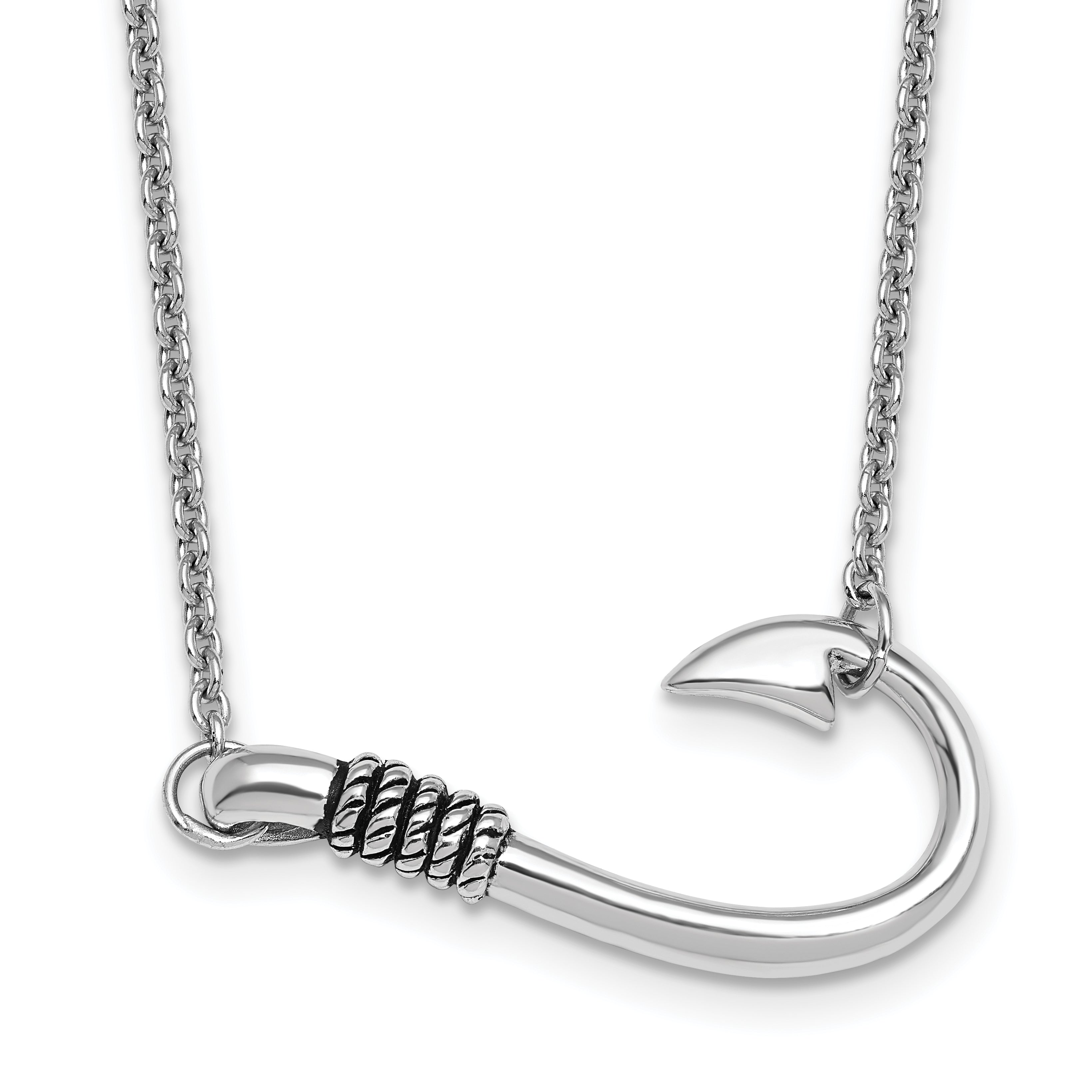 Sterling Silver Rhodium-Rhodium-Plated Polished and Antiqued Hook 16 inch with a 2 inch extention Necklace