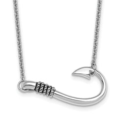 Sterling Silver Rhodium-Rhodium-Plated Polished and Antiqued Hook 16 inch with a 2 inch extention Necklace