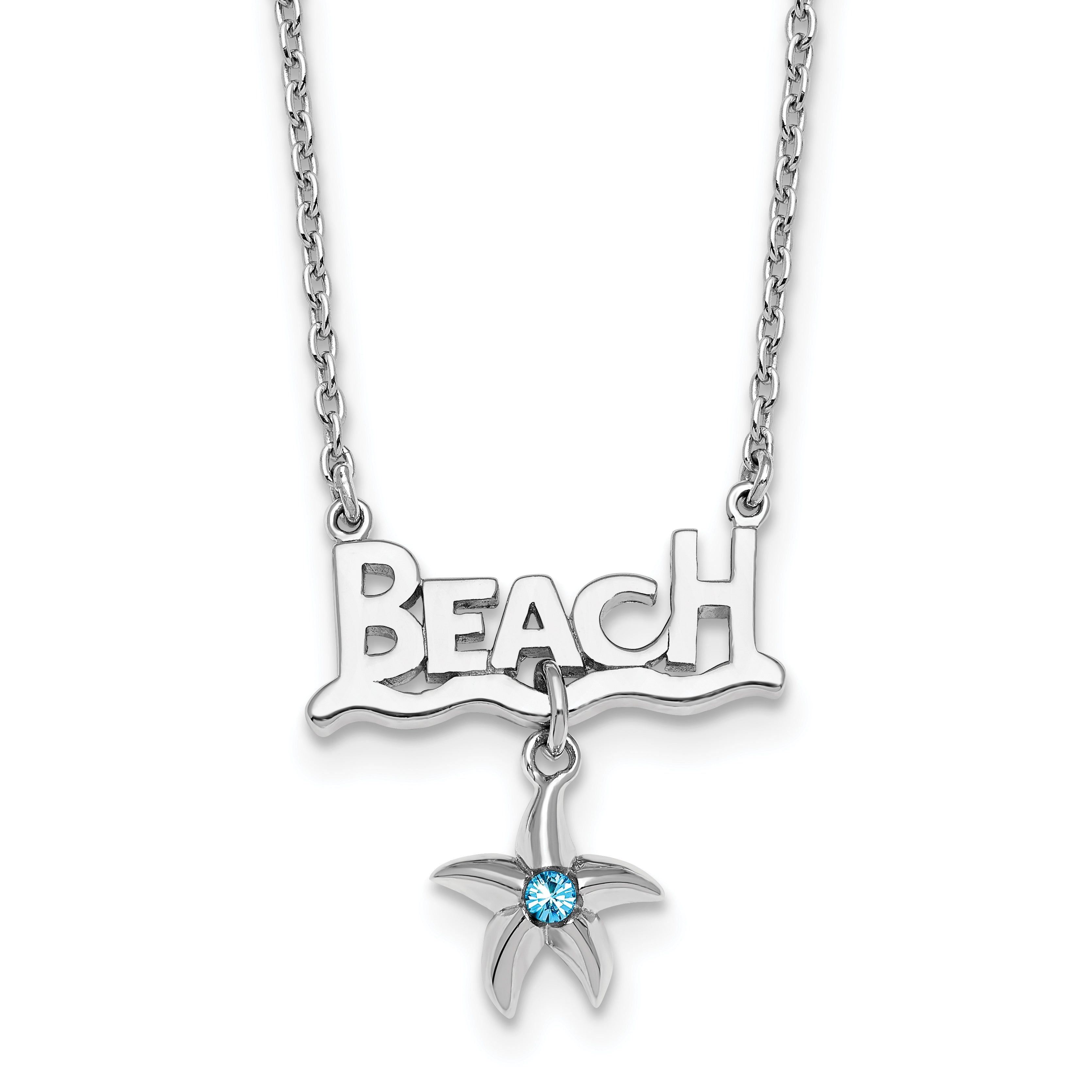 Sterling Silver Rhodium-Rhodium-Plated Polished Crystal Starfish Beach 16 inch with a 2 inch extention Necklace