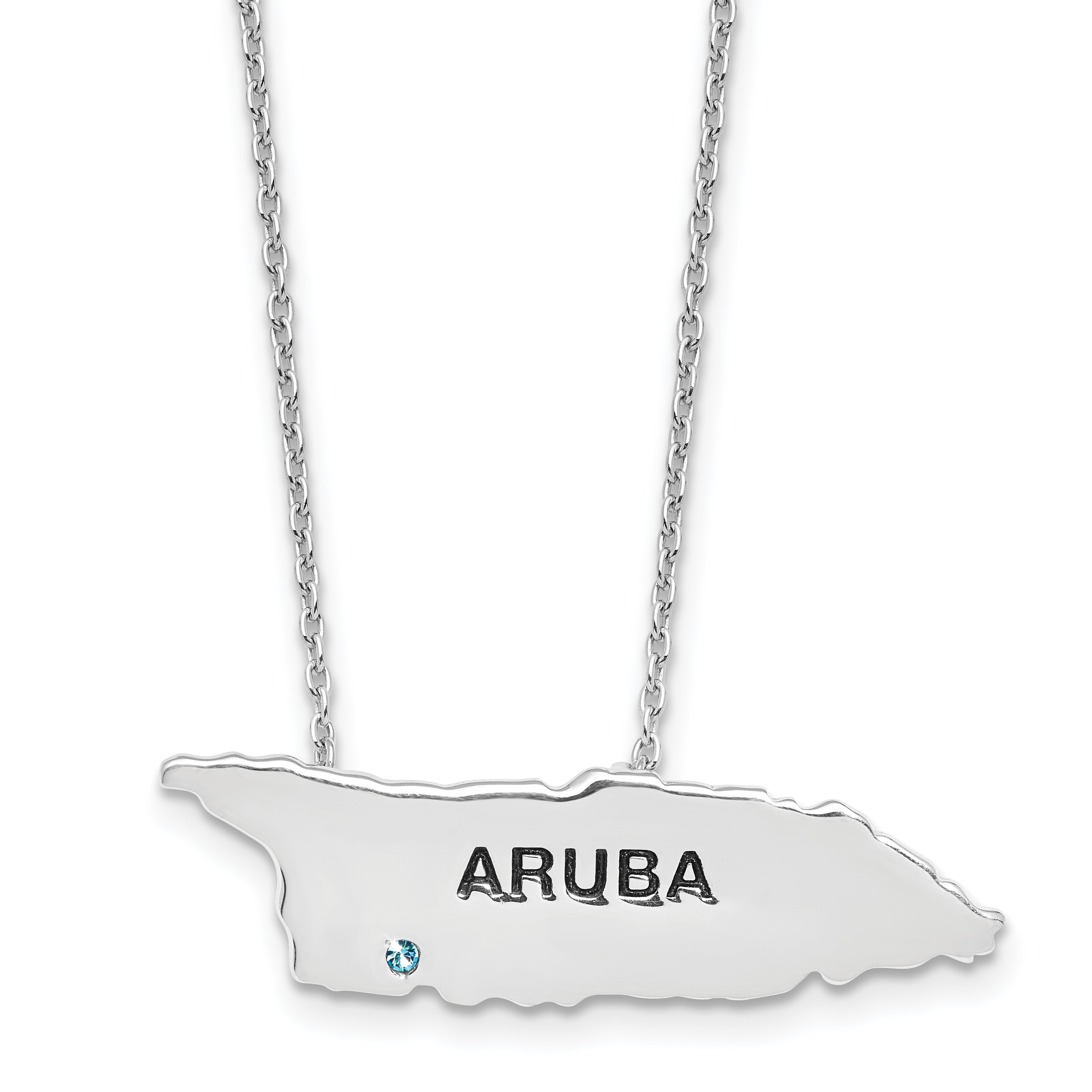 Sterling Silver Rhodium-Rhodium-Plated Aruba Map w/ Crystal 16 +2in Necklace
