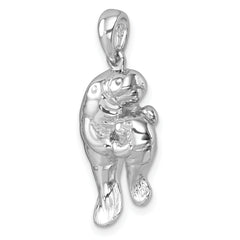 Sterling Silver Rhodium-plated Polished Manatee and Baby Pendant