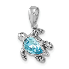 Sterling Silver Rhodium-plated Polished and Antiqued Blue Crystal Turtle Pendant